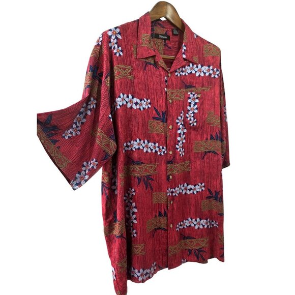 Dámante Rayon Y2K Hawaiian Shirt Men Sz  XLT Raspberry Floral Barkcloth Look - Picture 2 of 10